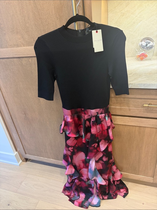 Ted Baker Dresses & Skirts - Ted Baker Black Top with Pink Floral Ruffle Skirt Midi Dress